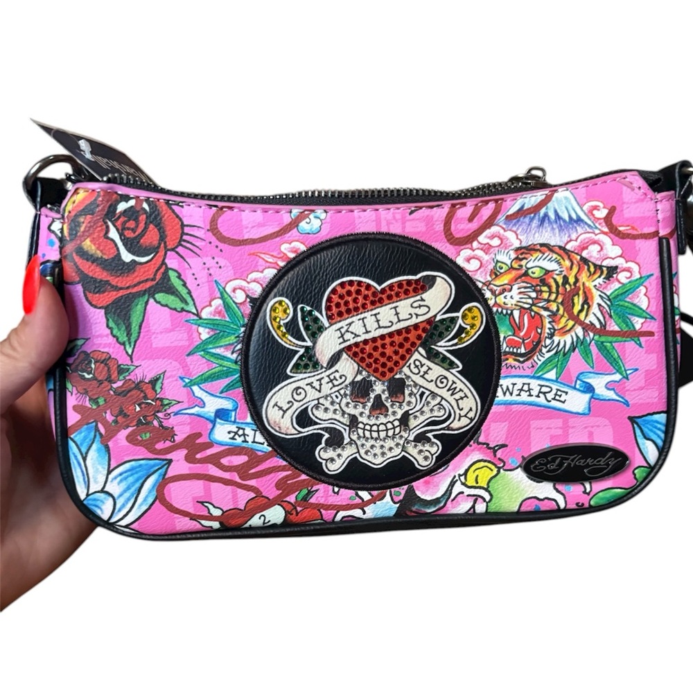 Ed Hardy Pink and Black Graphic Shoulder Bag NWT